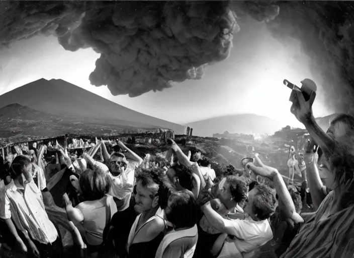 Prompt: old photo of average greeks drink wine and have fun against the backdrop of mount vesuvius starting to erupt by sebastian salgado, fisheye 1 6 mm, diffused backlight