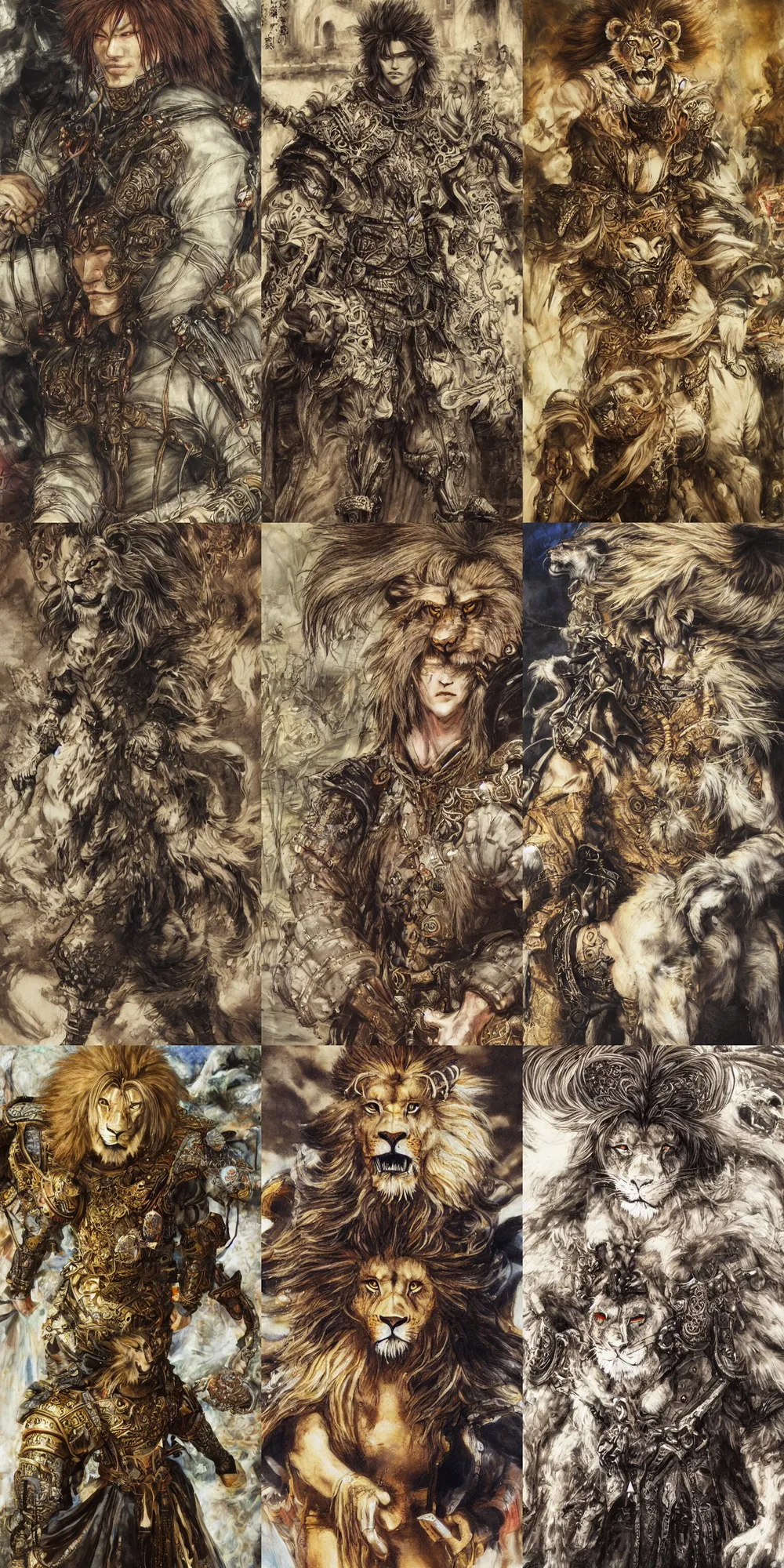 Image similar to 8 k yoshitaka amano painting of upper body of a young cool looking lion beastman with white mane at a medieval market at windy day. depth of field. he is wearing complex fantasy clothing. he has huge paws. renaissance style lighting.