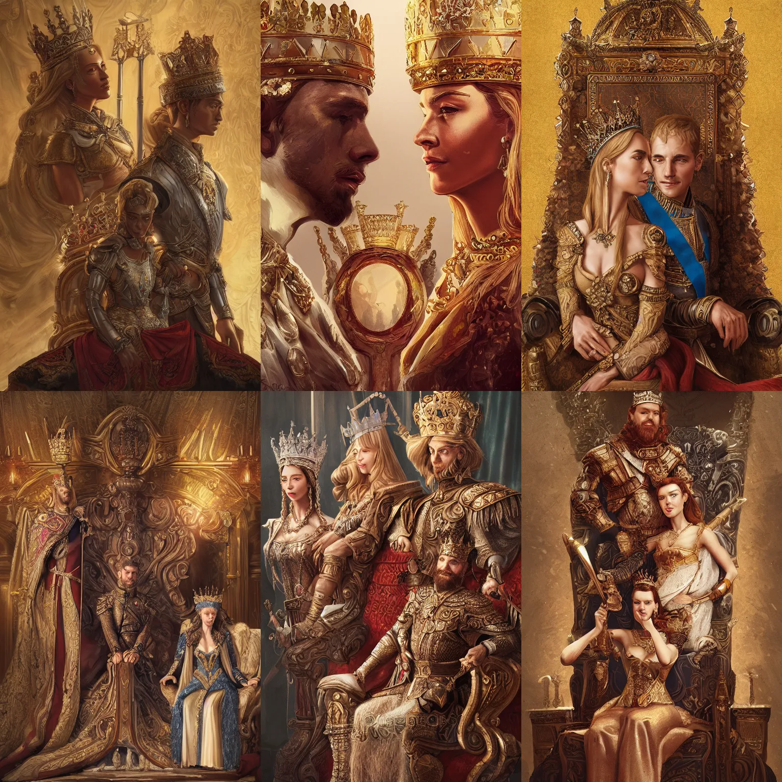 Prompt: portrait of a queen and king on their thrones, highly detailed illustration, neoclassicist painting, digital art, book cover, award winning, artstation, 4 k