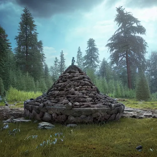 Prompt: an old lost Celtic ark made of stones, surrounded by a forest of tall pine trees, a mountain in the background, cloudy but bleu sky, photorealism, render with unreal engine, anamorphic lens flare, details, HD, 8k, cinematic