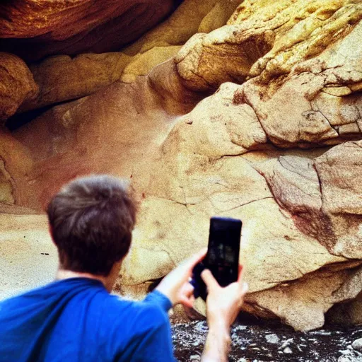 Prompt: “colur photo an homo Neanderthal taking a photo with his iPhone in front of a cave to a fire coocking a bull, photoreal photojournalism, National Geographic style”