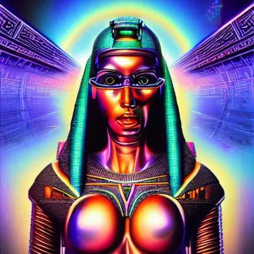 Prompt: a hyper realistic wide angle view of an Ancient Egyptian cyberpunk goddess, by Alex Grey, dark rainbow, fractalism, motherboard circuitry, surrealism, high definition, photorealism, bokeh