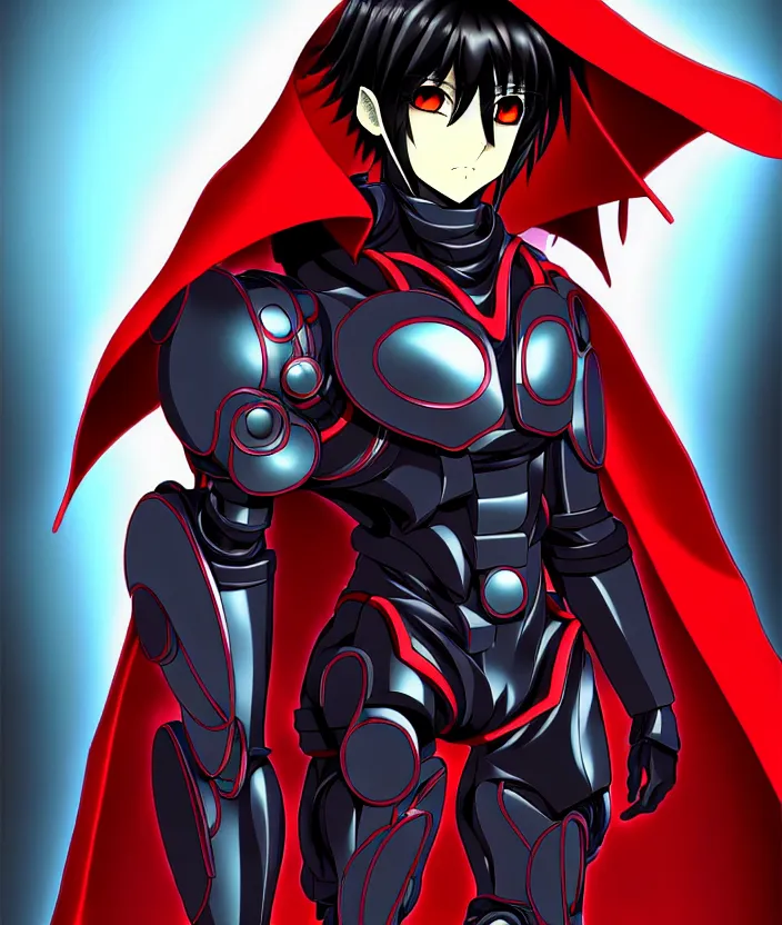 Image similar to a detailed manga illustration character full body portrait of a dark haired cyborg anime man who has a red mechanical eye and is wearing a cape, trending on artstation, digital art, 4 k resolution, detailed, high quality, sharp focus, hq artwork, insane detail, concept art, character concept, character illustration, full body illustration, cinematic, dramatic lighting