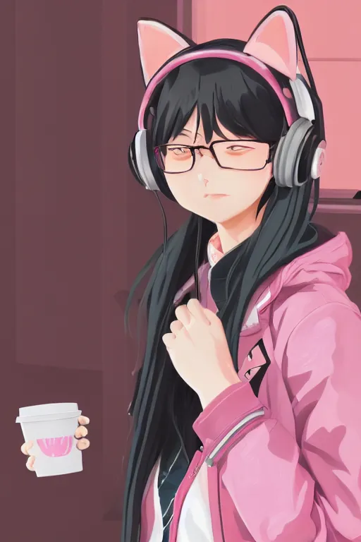 Image similar to anime girl wearing pink jacket and cat ear headphones having coffee at a coffee shop in tokyo, aesthetic, wlop, digital painting, trending on artstation, highly detailed, epic composition, 8 k uhd