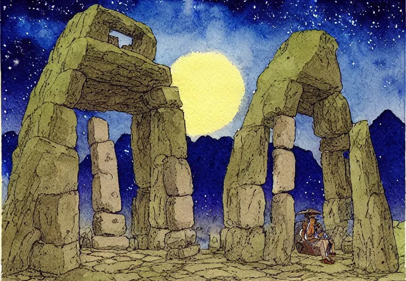 Image similar to a simple watercolor studio ghibli movie still fantasy concept art of a giant native american man sitting on a tiny stonehenge in machu pichu. it is a misty starry night. by rebecca guay, michael kaluta, charles vess