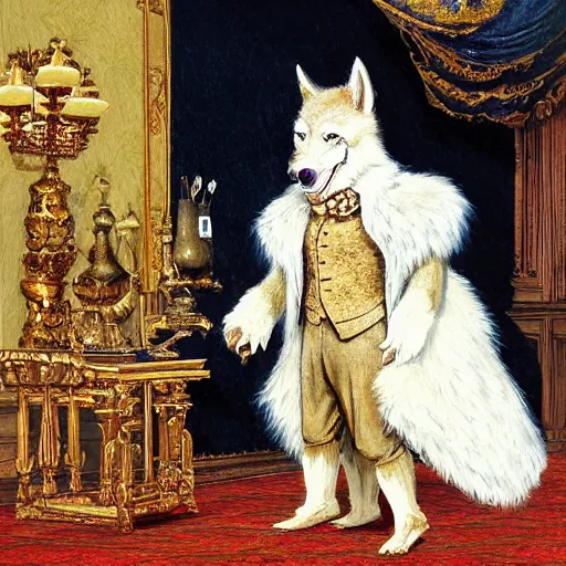 Prompt: hyper realistic painting of a werewolf with gold and white fur, anthropomorphic royalty standing in a throne room, non human, dressed in a 1800s royal outfit, traditional art, very fine detail and texture, royal workshop, in the art style of beatrix potter, Willem Wissing, watercolor, colored pencil, ink, oil, acrylic, early morning lighting