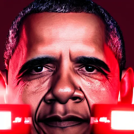 Image similar to Obama red flashlight glowing eyes, flames are burning behind Obama, 40nm lens, 4k,