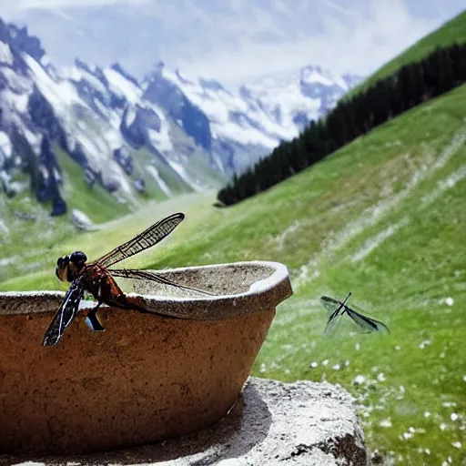 Prompt: dragonfly in a bathtub in the alps, goats!!!!!! sheeps!!! in background