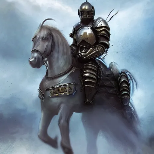 Image similar to a paladin in heavy armor riding on an armored horse through a field, artstation hall of fame gallery, editors choice, # 1 digital painting of all time, most beautiful image ever created, emotionally evocative, greatest art ever made, lifetime achievement magnum opus masterpiece, the most amazing breathtaking image with the deepest message ever painted, a thing of beauty beyond imagination or words