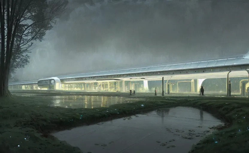 Image similar to painting of a wide angle exterior shot of a white modern futuristic utopian train station in the middle of an english garden with cinematic lighting by peter zumthor and renzo piano, darek zabrocki and greg ruthkowski, alphonse mucha, simon stalenhag and cinematic and blue cold atmospheric, archillect concept art, artstation, trending on artstation