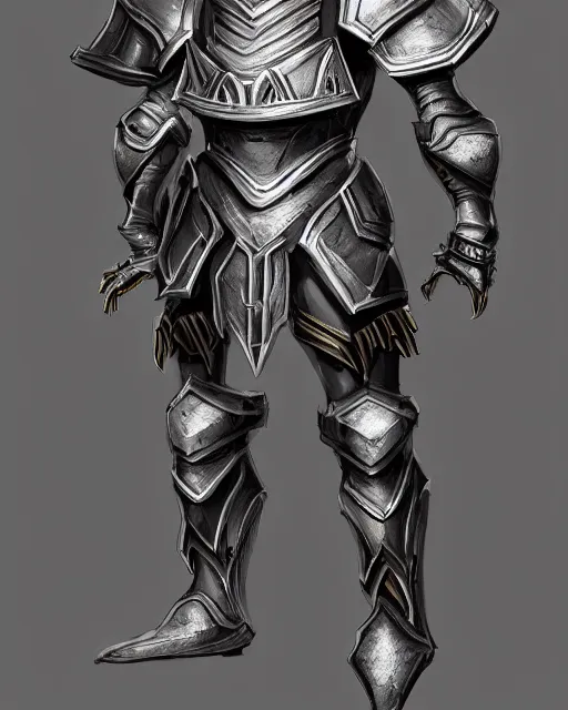 Image similar to medium armor, fantasy concept art, shiny silver with gold trim, flat shading, smooth lines, beveled edges, symmetrical, extremely clean, front view