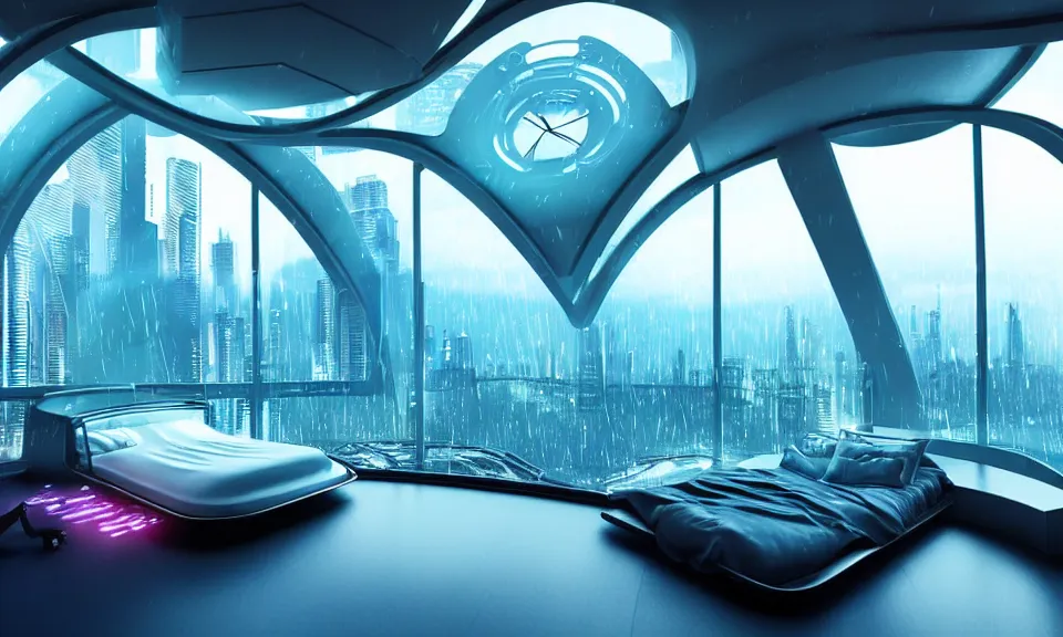 Image similar to a futuristic bedroom with large curved ceiling high windows looking out to a far future cyberpunk cityscape, cyberpunk neon lights, raining, scifi