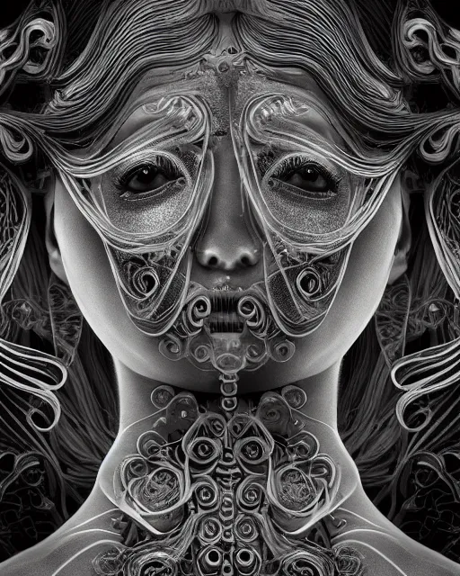 Image similar to mythical dreamy black and white organic bio-mechanical spinal ribbed profile face portrait detail of translucent steampunk beautiful siamese sisters females angelic-human-queen-vegetal-cyborg, highly detailed, intricate trnaslucent ivy jelly ornate, poetic, translucent roses ornate, 3D render, digital art, octane render, 8K artistic photography, photo-realistic, by Dora Maar