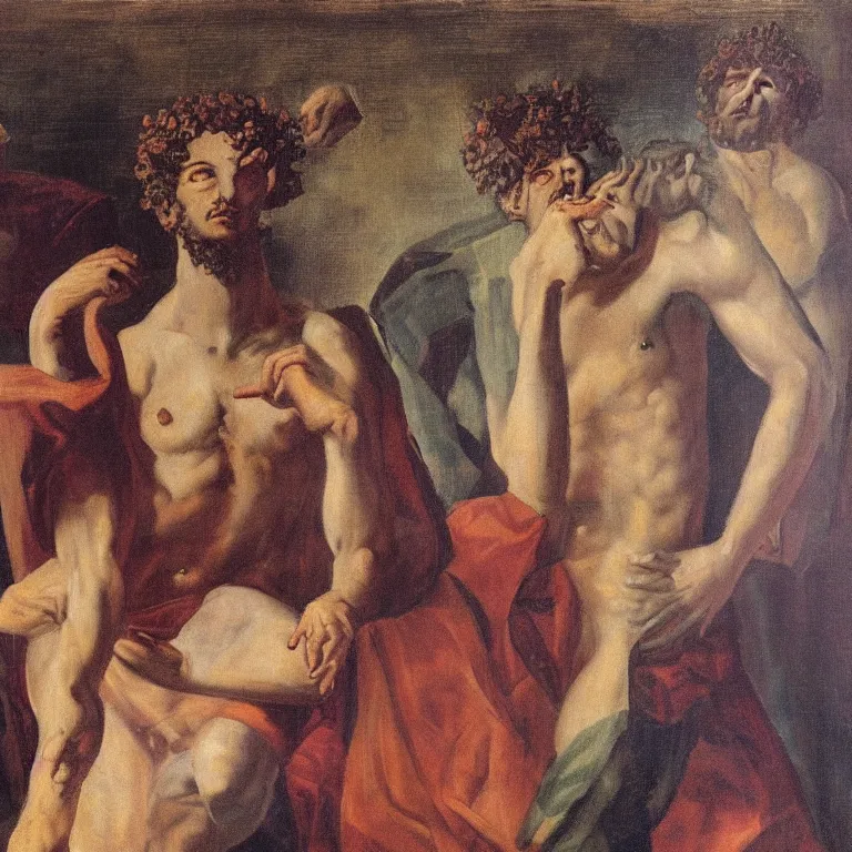 Image similar to portrait of Dionysus, the Greek god of wine, making eye contact with his partner across the room by 20th-century artist Francis Bacon