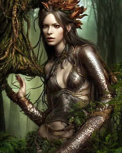 Prompt: portrait high definition photograph female fantasy character art, hyper realistic, pretty face, hyperrealism, iridescence water elemental, snake skin armor forest dryad, woody foliage, 8 k dop dof hdr fantasy character art, by aleski briclot and alexander'hollllow'fedosav and laura zalenga