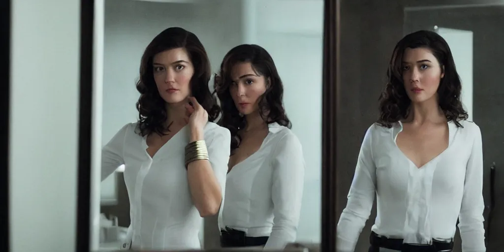 Image similar to ultra wide angle photo of mary elizabeth winstead dressed in a white blouse and black dress pants as diana prince looking at herself in a bathroom mirror and seeing her reflection as wonder woman