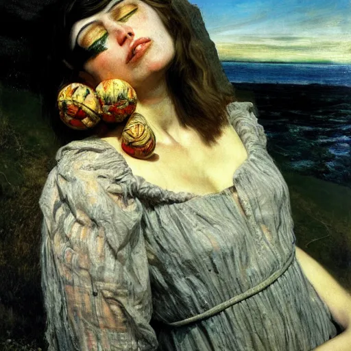 Prompt: salome, wind kissed pictures, ashes, lament, photorealism, hyper - realism, by millais,