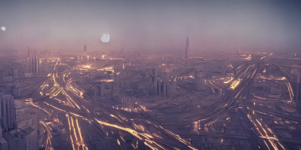 Prompt: cinematic shot of a cityscape futuristic saint petersburg city in the moon, russian orbit city, telephoto, golden mood, iconic scene from the paranoid thriller sci fi film directed by stanley kubrick, anamorphic cinematography, beautiful composition, color theory, leading lines, photorealistic, moody volumetric lighting