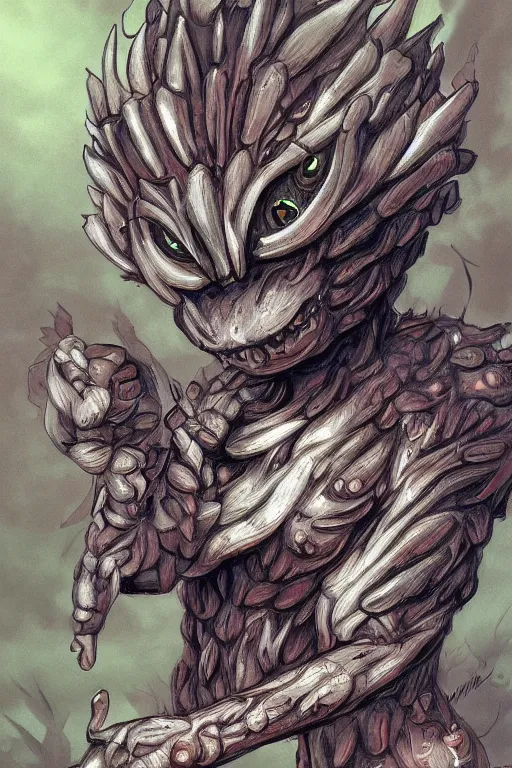 Image similar to a humanoid figure acorn monster with large glowing eyes, highly detailed, digital art, sharp focus, trending on art station, oak leaves, anime art style