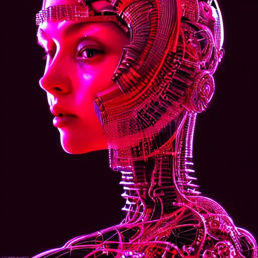 Image similar to portrait of an absurdly beautiful, graceful, sophisticated, fashionable cyberpunk mechanoid gravure idol, hyperdetailed illustration by irakli nadar, adut akech, matt wisniewski style, intricate linework, dark black porcelain skin, jellyfish headdress, unreal engine 5 highly rendered, global illumination, neon red light, detailed and intricate environment