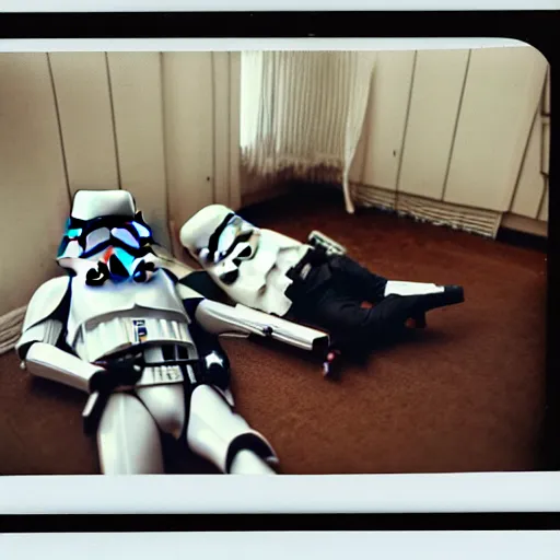 Image similar to Polaroid photo, cinematic tone, stormtroopers lying on his back on the floor, cluttered 80s American room