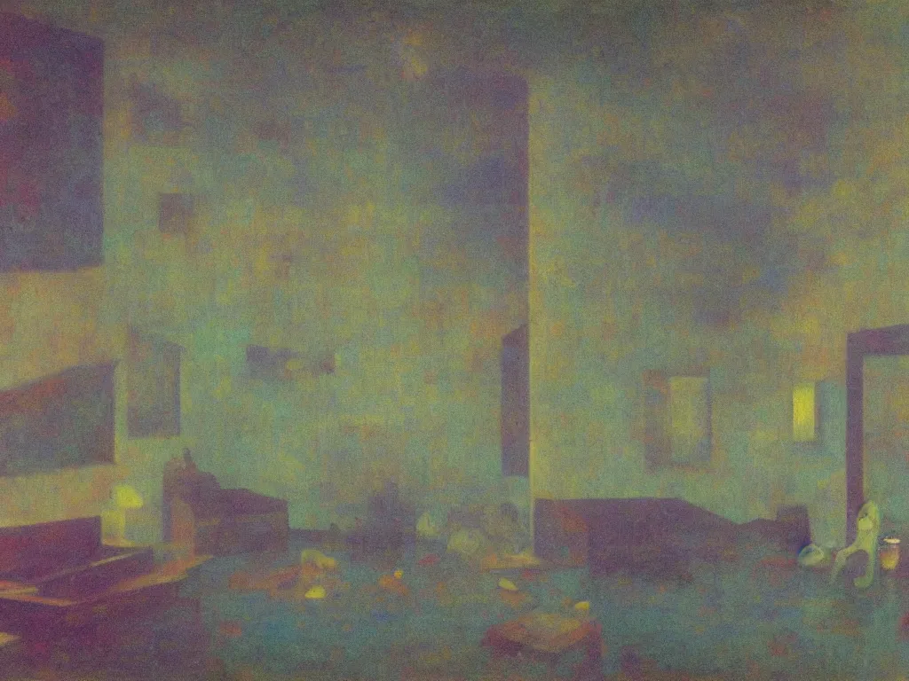 Image similar to interior of a flooded old house. aurora borealis. iridescent, psychedelic colors. painting by hammershoi, balthus, mark rothko, agnes pelton, utamaro, monet