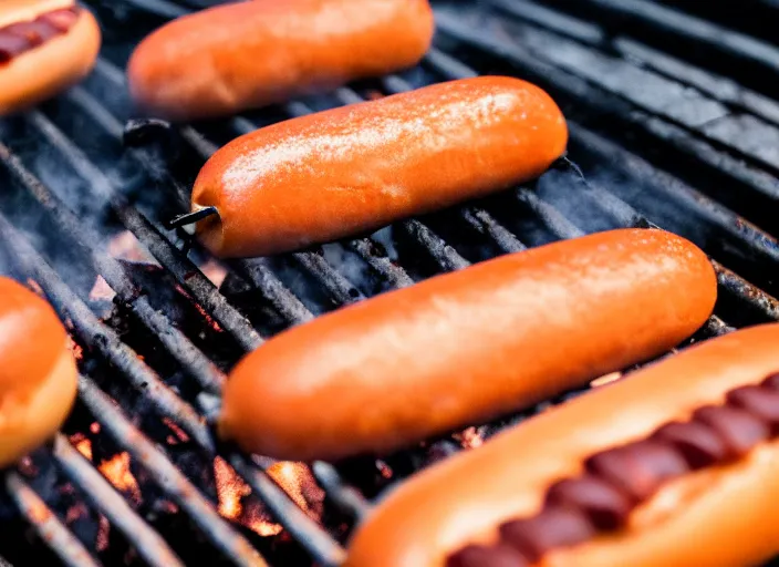 Image similar to dslr food photo closeup of hot dogs cooking on a grill, 8 k, 8 5 mm f 1. 8