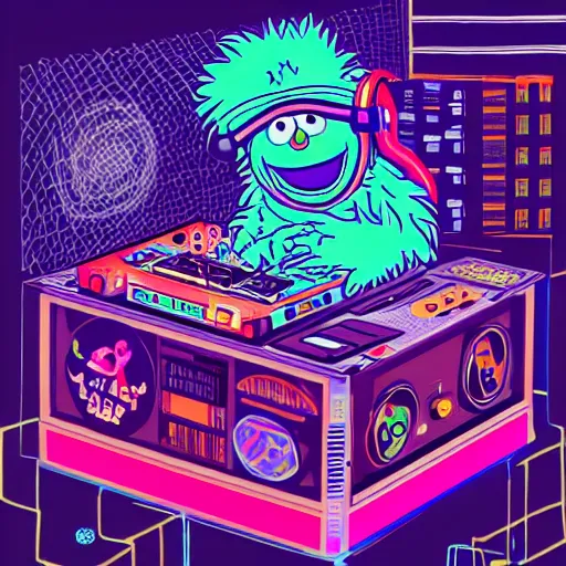 Image similar to Sesame Street Cookie Monster, Headphones, Disc-Jockeying, DJ, spinning records, Psychedelic, Cyberpunk, svg digital art, full body, from a slight distance