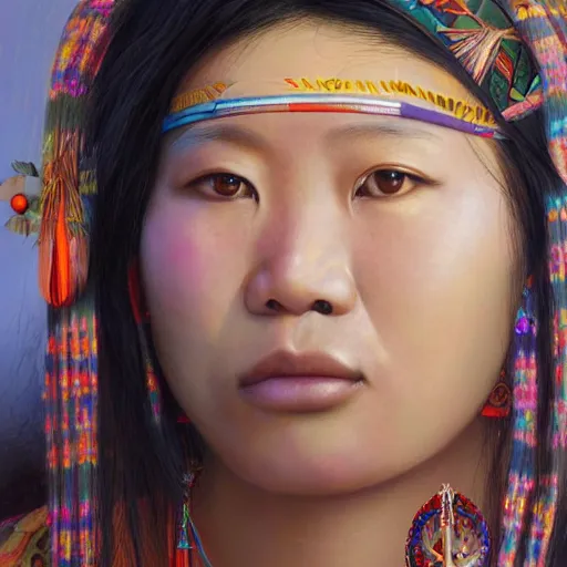 Image similar to portrait of an aboriginal taiwanese amis pangcah woman ( 3 5 ) from taiwan in 2 0 2 1, an oil painting by ross tran and thomas kincade