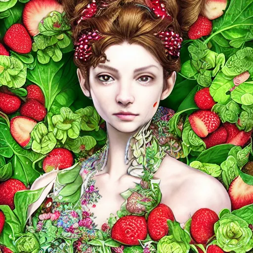 Image similar to the portrait of an absurdly beautiful, graceful, elegant, sophisticated perky woman made of strawberries and green petals, an ultrafine hyperdetailed illustration by kim jung gi, irakli nadar, intricate linework, bright colors, octopath traveler, final fantasy, unreal engine 5 highly rendered, global illumination, radiant light, detailed and intricate environment