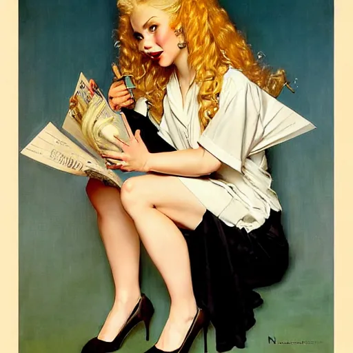 Image similar to beautiful painting of the androgynous pale blond prince Raiden with long curly blond hair, wearing a soft white poet shirt and a black miniskirt and heels, pregnancy, pinup poster by J.C Leyendecker and Norman Rockwell