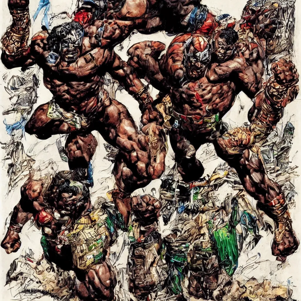 Image similar to big african superhero raising fist, art style simon bisley