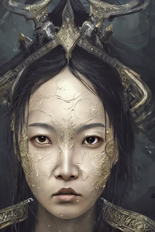 Image similar to Art station concept of Asian woman, fair skin, big eyes, long black hair, no bangs, wearing sculpted textured armor, closes her eye, battle damage, intricate complexity, close-up of the front of the face, resolute expression, back lighting, 4K resolution, symmetric, clear facial features, by Ruan Jia and Mandy Jurgens and William-Adolphe Bouguereau, Karol Bak, smooth, sharp focus, rich deep colors, Unreal Engine 5, digital render, intricate, ultra realistic, concept art,