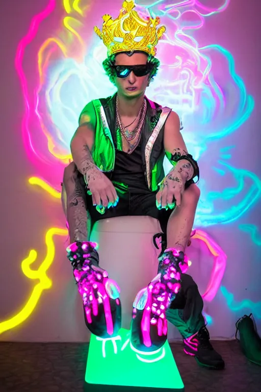 Image similar to full-body rococo and cyberpunk style neon statue of a young attractive Pauly D wearing cholo shades macho dotado e rico android sim roupa reclining con las piernas abertas e la piroca dura, ethereal white dripping tar, glowing white lasers, pink tigers, glowing eyes, silver prince crown, black gears, pink diamonds, swirling mint-colored silk fabric. futuristic elements. full-length view. human skulls. large intricate artwork by caravaggio. Trending on artstation, octane render, cinematic lighting from the right, hyper realism, octane render, 8k, depth of field, 3D