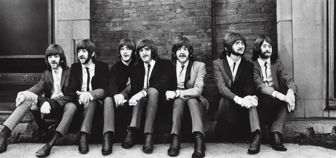 Prompt: The Beatles group photograph in the 1970s, 70s, photograph, picture, realistic, hyperrealistic, 4k resolution, 8k resolution, HD Quality, very detailed, highly detailed, extremely realistic