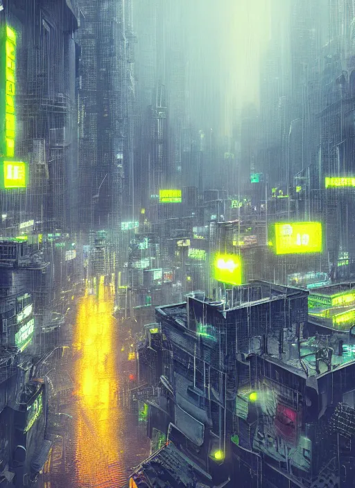 Image similar to a cyberpunk city, raining, mist by Denis Villeneuve, Trending on artstation, yellow scheme, 8k, wide-angle lens