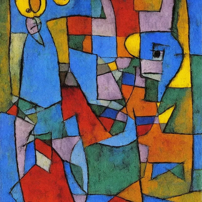 Image similar to a painting in the style of Paul Klee, a man looks through the window of an old house and sees a woman in a blue dress surrounded by sun flowers