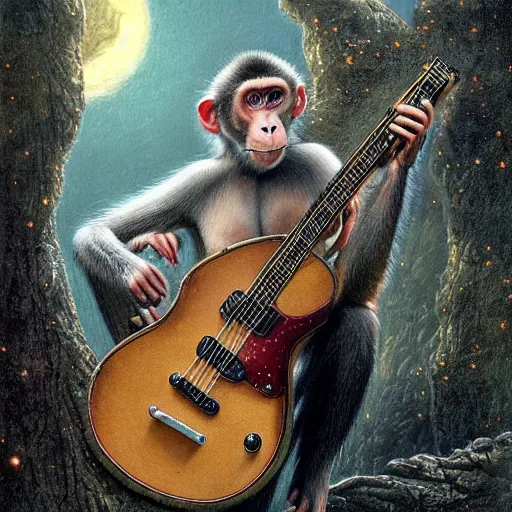 Prompt: Realistic Monkey playing Rudolph Schenker's guitar, by Antonio Caparo and Ferdinand Knab and Greg Rutkowski UHD photorealistic trending on artstation