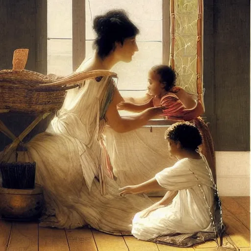 Image similar to This photograph is beautiful because of its harmony of colors and its simple but powerful composition. The artist has created a scene of peaceful domesticity, with a mother and child in the center, surrounded by a few simple objects. The colors are muted and calming, and the overall effect is one of serenity and calm. electric by Ellen Jewett, by Lawrence Alma-Tadema realistic, tired