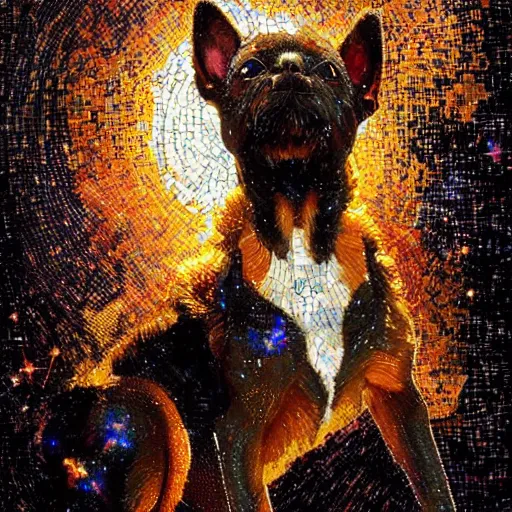 Prompt: mosaic portrait of a beautiful young dog falling into the stars by greg rutkowski, 4k, intricate details