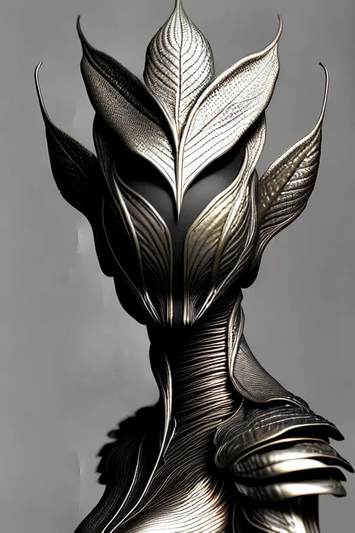 Image similar to bw close - up profile face, black background, beautiful young porcelain vegetal - dragon - cyborg - female, 1 5 0 mm, beautiful natural soft rim light, silver gold details, magnolia leaves and stems, roots, mandelbot fractal, elegant, ultra detailed, white metallic armour, octane render, h. r. giger style