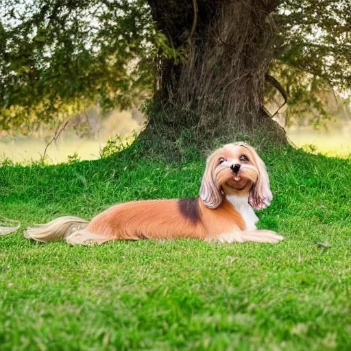 Image similar to a cute mutt who is half long haired dachshund and half shih tzu, laying under a tree on a farm, golden hour, promised land