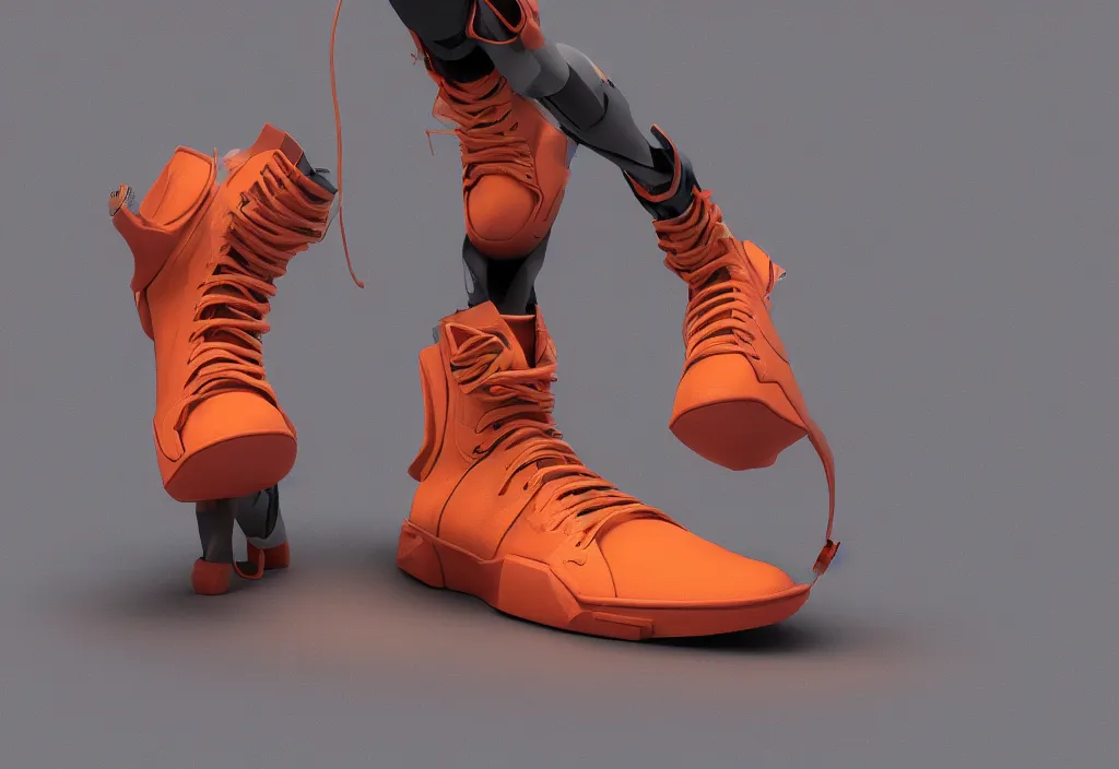 Image similar to one futuristic high - top sneaker with neon illuminated rubber soles on a grey surface, soft orange laces, clean 3 d render, beautiful studio lighting, soft, sharp focus, cyberpunk, intricate detail, gold and red filigree, soft rubber, octane render, trending on artstation, deviantart, art by iris van herpen and syd mead and android jones