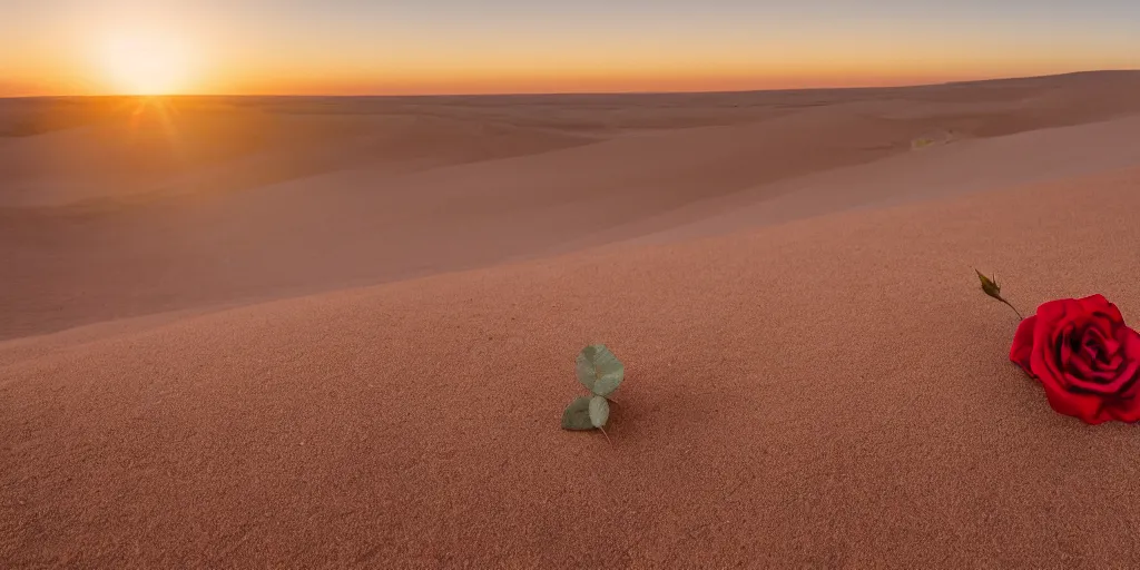 Prompt: a single red rose is growing in the middle of the desert. beautiful starry sky and sand dunes can be seen in the background. wide angle shot, 4 k, golden hour.