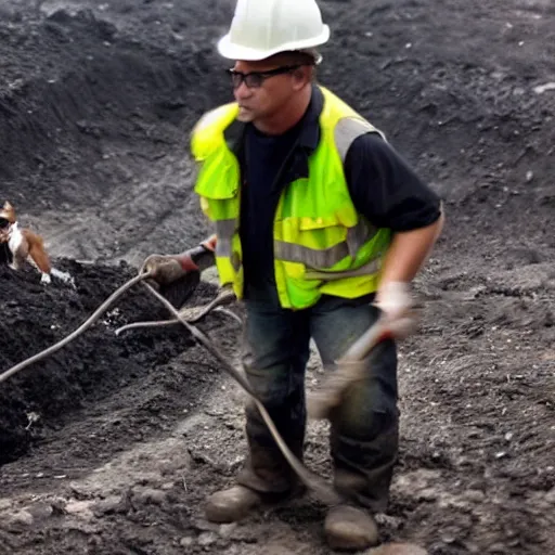 Prompt: puppy working in a coal mine, wearing hard hat, cctv footage,