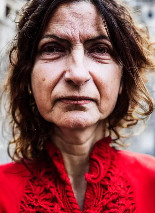 Image similar to close up portrait of beautiful 35-years-old Italian woman, wearing a red outfit, well-groomed model, candid street portrait in the style of Steve McCurry award winning