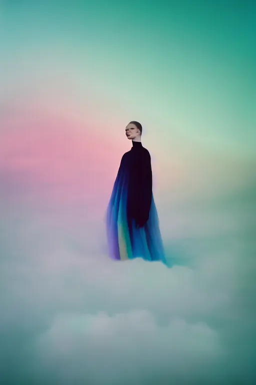 Image similar to high quality pastel coloured film close up wide angle photograph of a model wearing clothing swimming on cloud furniture in a icelandic black rock!! environment in a partially haze filled dreamstate world. three point light, rainbow. photographic production. art directed. pastel colours. volumetric clouds. pastel gradient overlay. waves glitch artefacts. extreme facial clarity. 8 k. filmic.