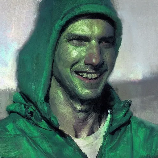 Image similar to portrait of a smiling chad programmer with green hood by jeremy mann, dramatic lighting, close up