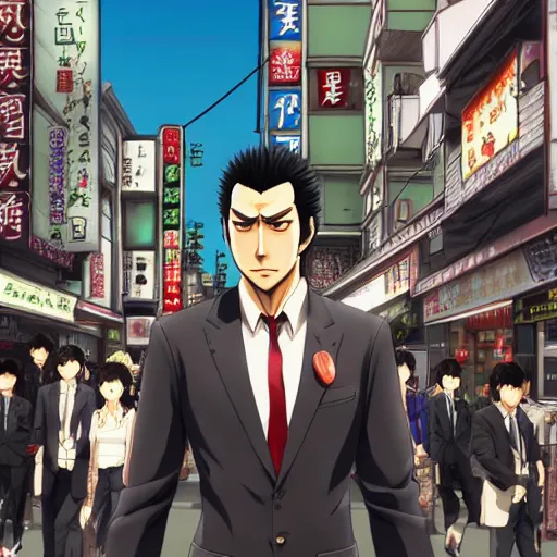 Image similar to portrait of kazuma kiryu standing in the street of kamurocho, anime fantasy illustration by tomoyuki yamasaki, kyoto studio, madhouse, ufotable, trending on artstation