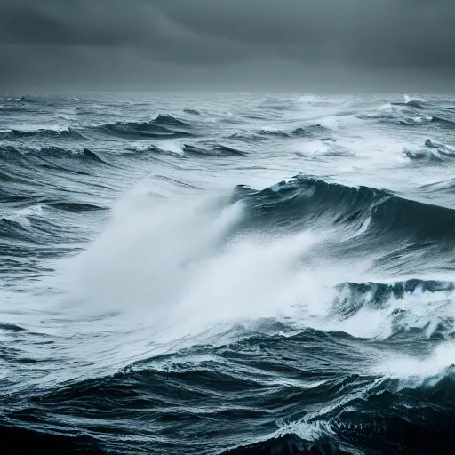 Image similar to dark ocean, towering waves, grey - scale, highly turbulent, deep focus, no sky, elevation view, hidden hands and faces